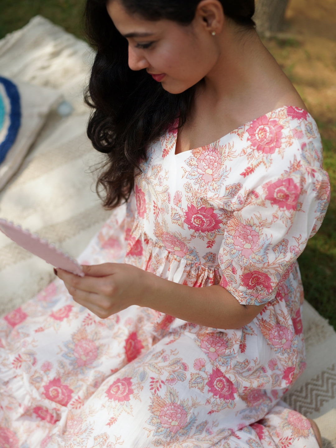 White Printed Long Cotton Dress