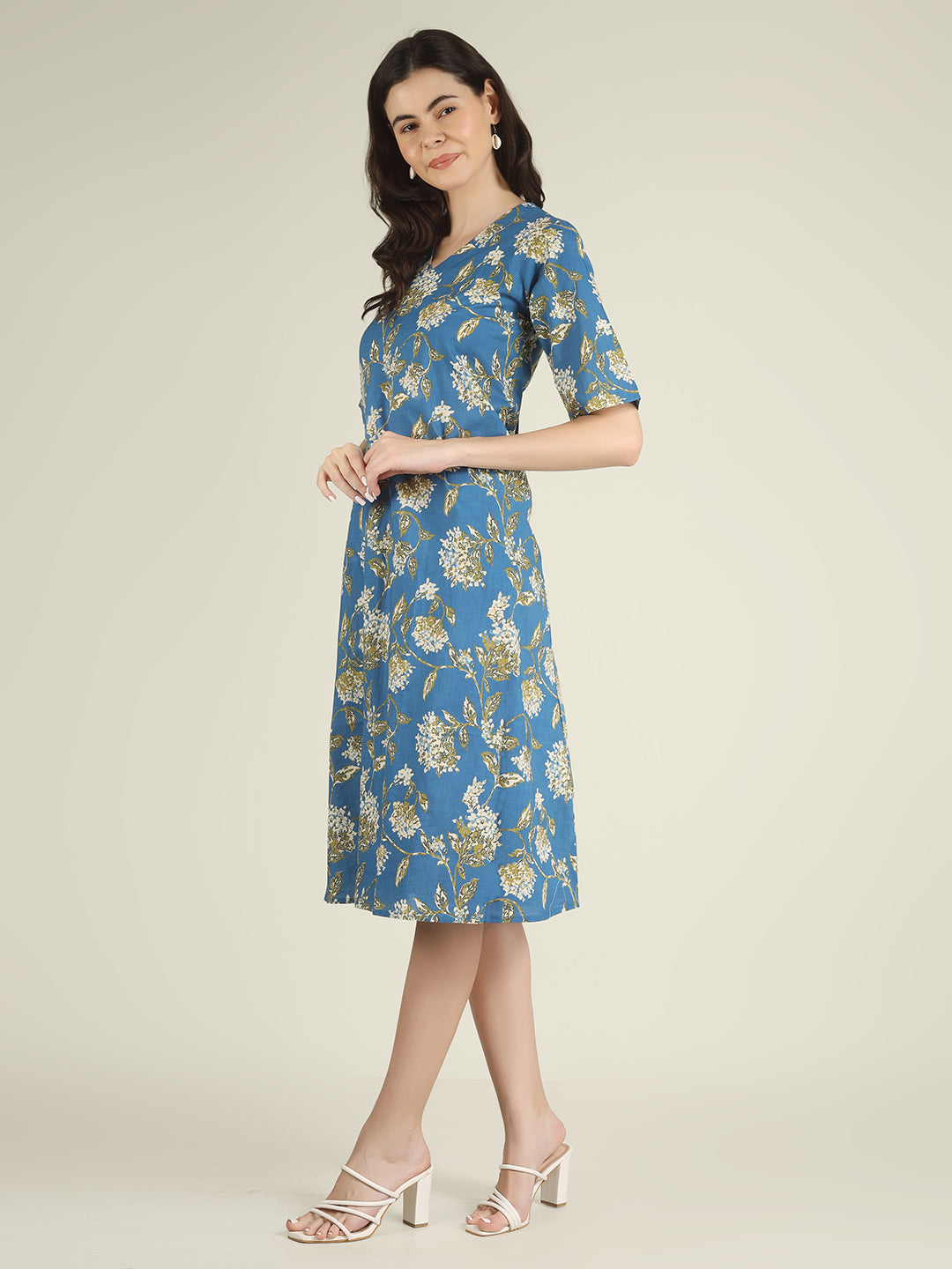 Blue Printed Half-Sleeve A-Line Cotton Dress