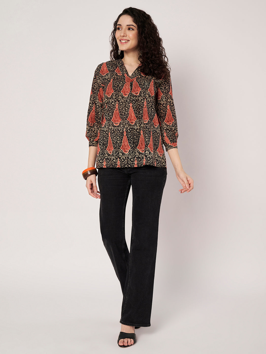 Black Printed V-Neck Cotton Top