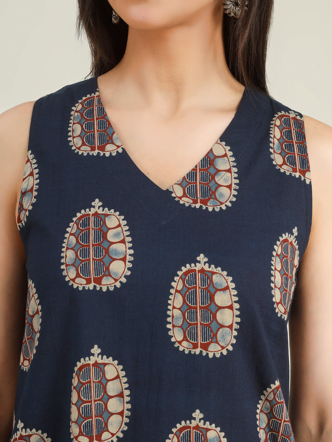 Blue Printed Sleeveless V-Neck A-Line Cotton Dress