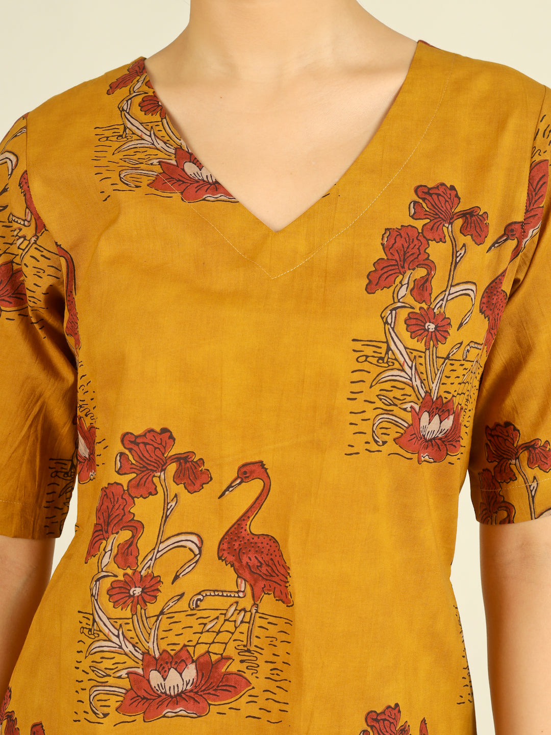 Yellow Printed Half-Sleeve A-Line Short Cotton Dress