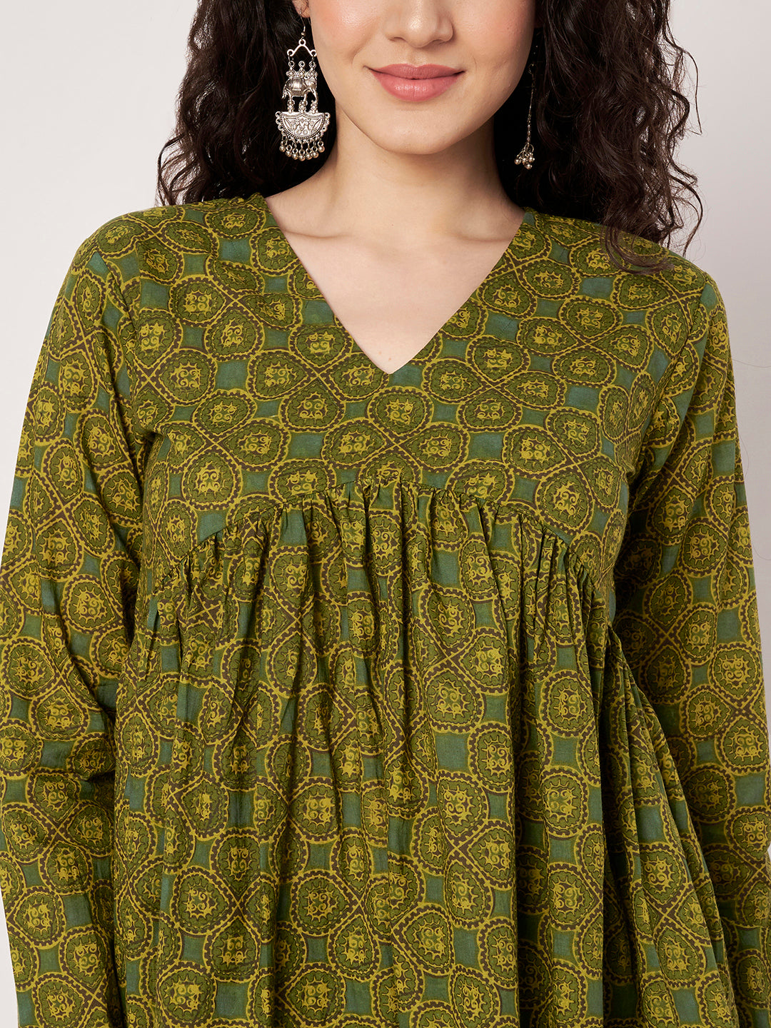 Green Printed Alia-Cut Cotton Top
