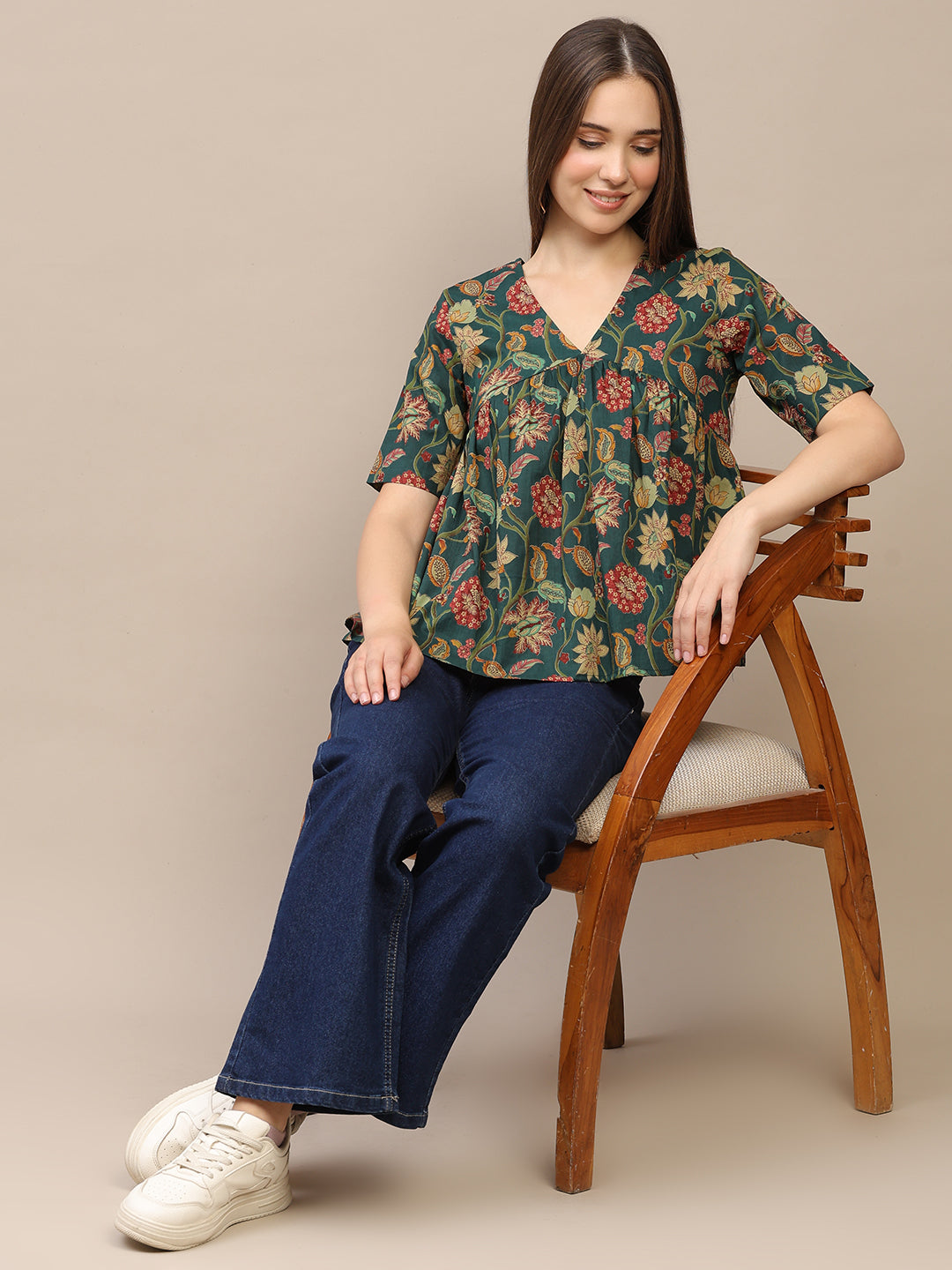 Green Printed Half-Sleeve Alia-Cut Cotton Top