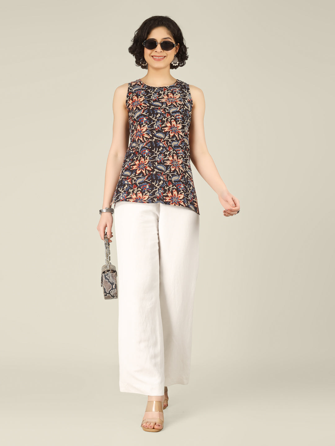 Black Printed Round Neck Sleeveless Cotton Top