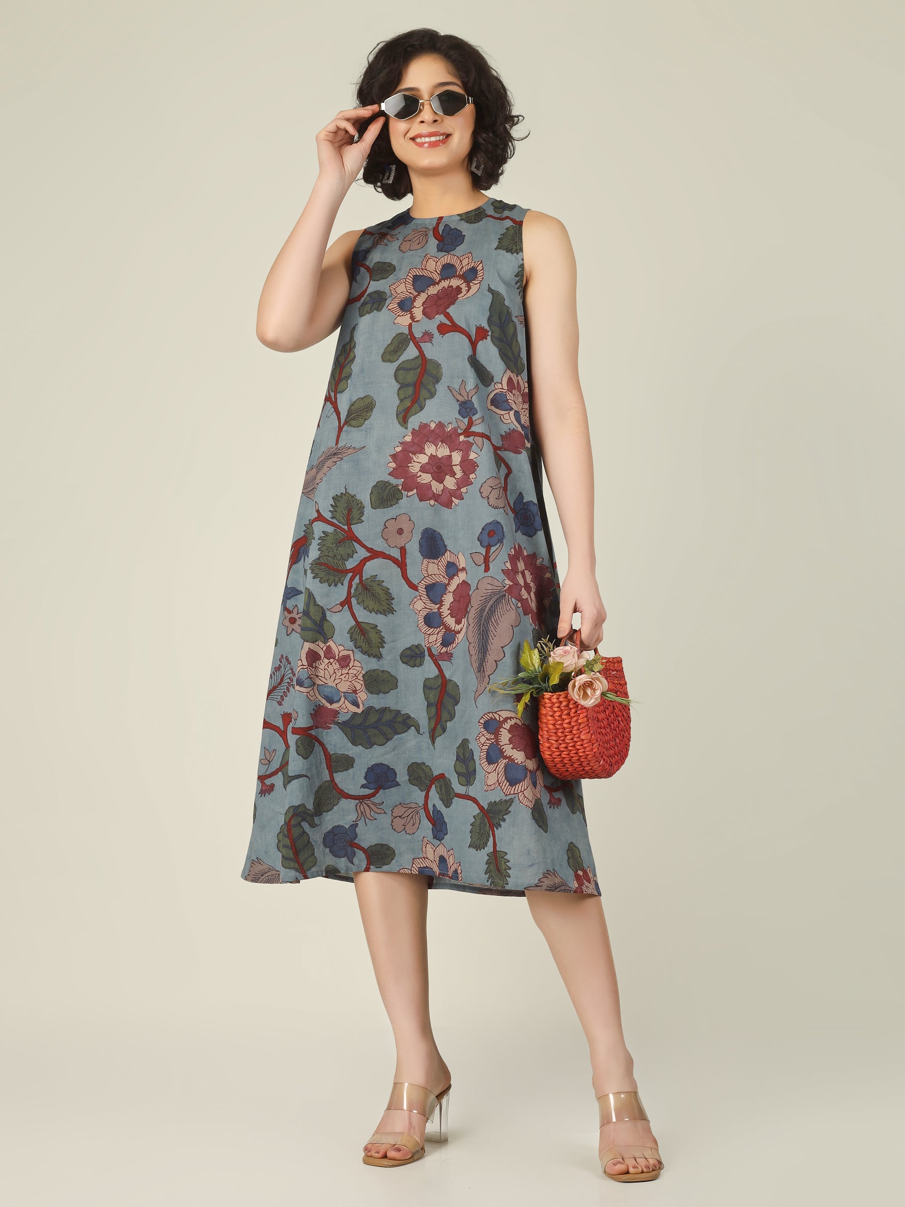 Slate Blue Printed Sleeveless A-Line Cotton Dress