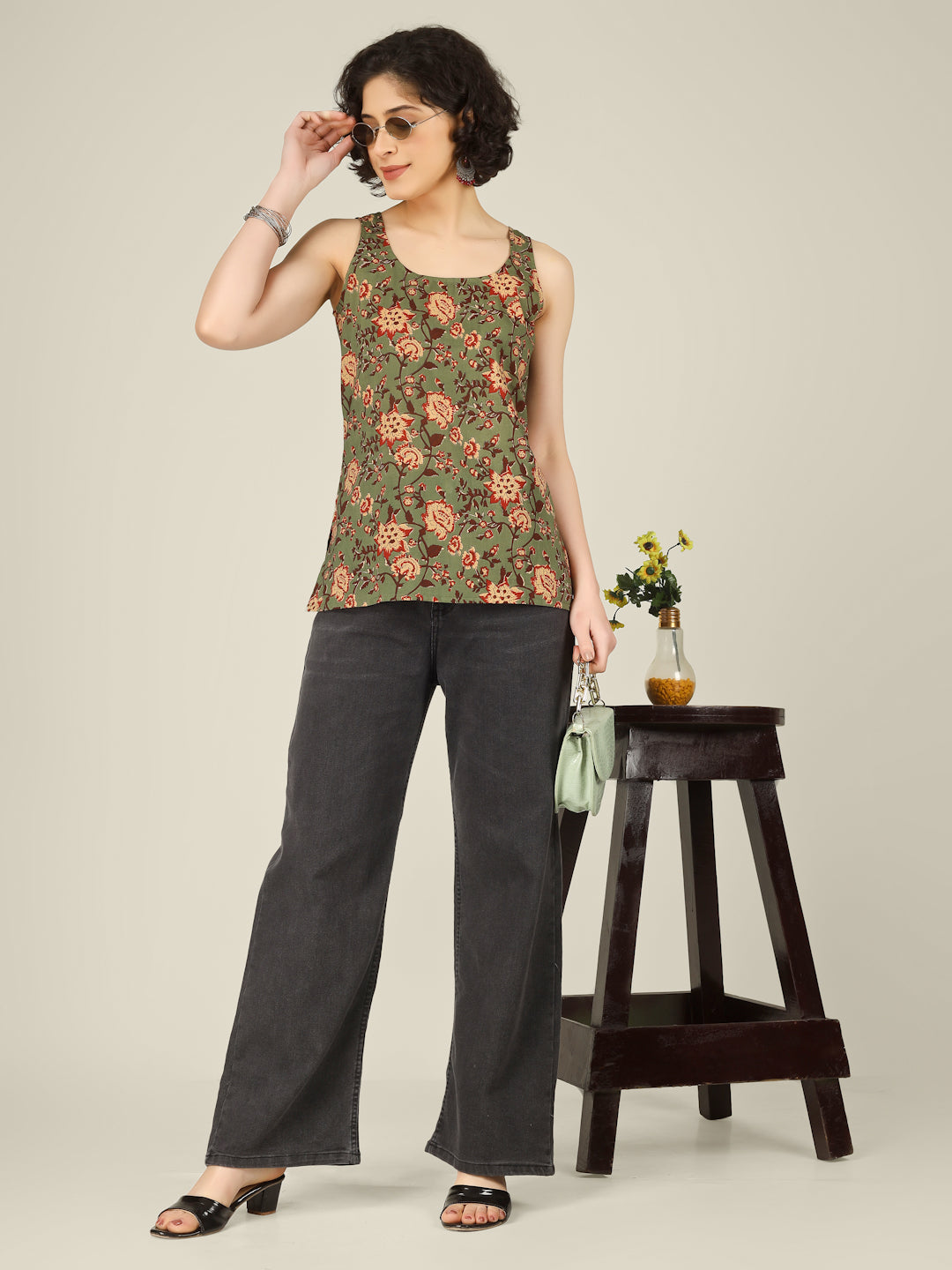 Green Printed Round Neck Sleeveless Cotton Top