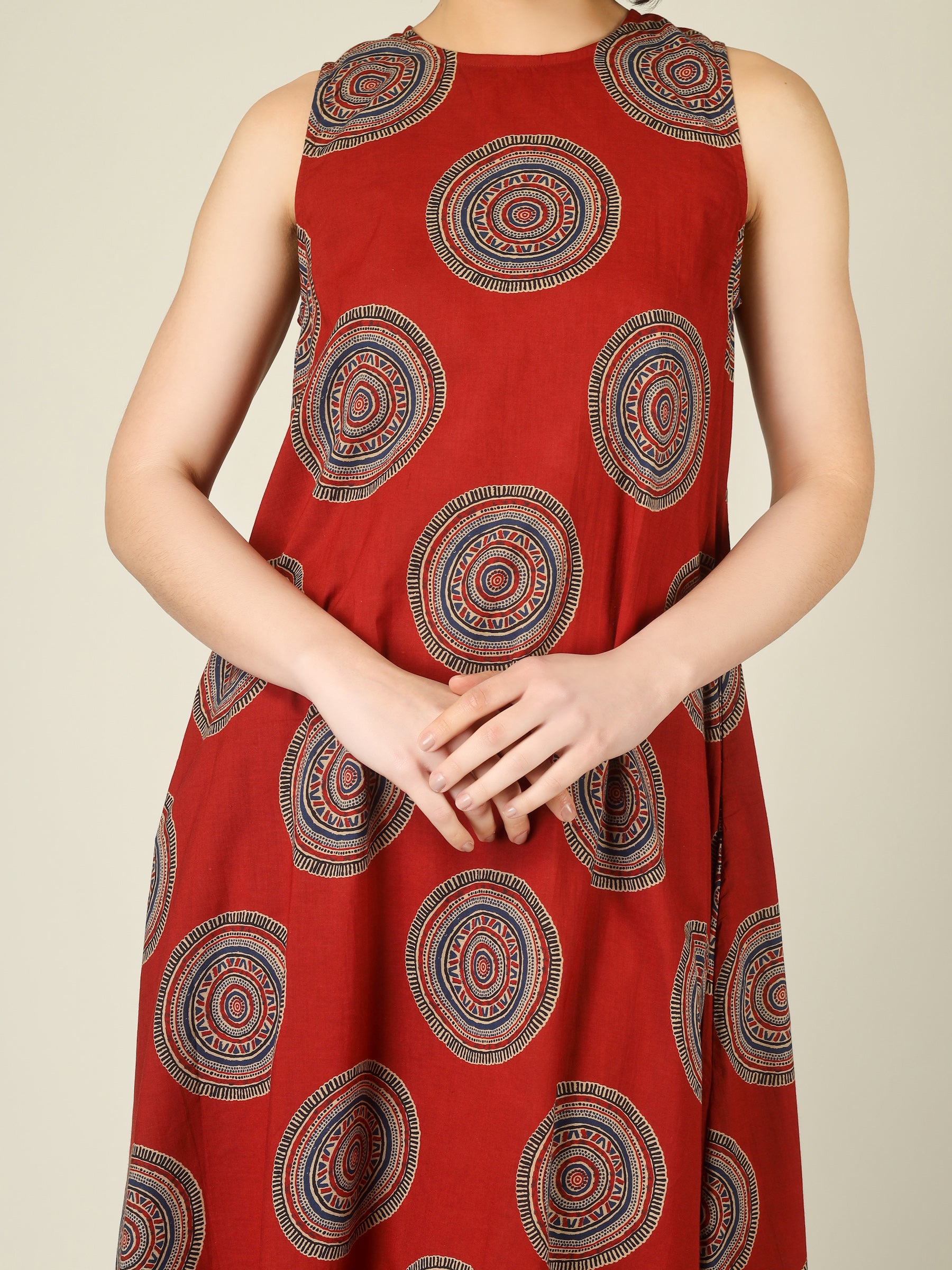 Maroon Printed Sleeveless A-Line Cotton Dress