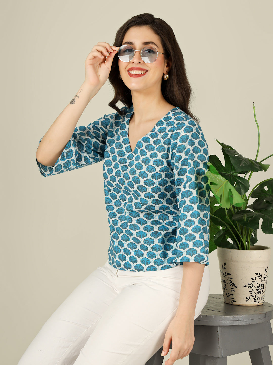 Blue Printed Straight Bell-Sleeves Top