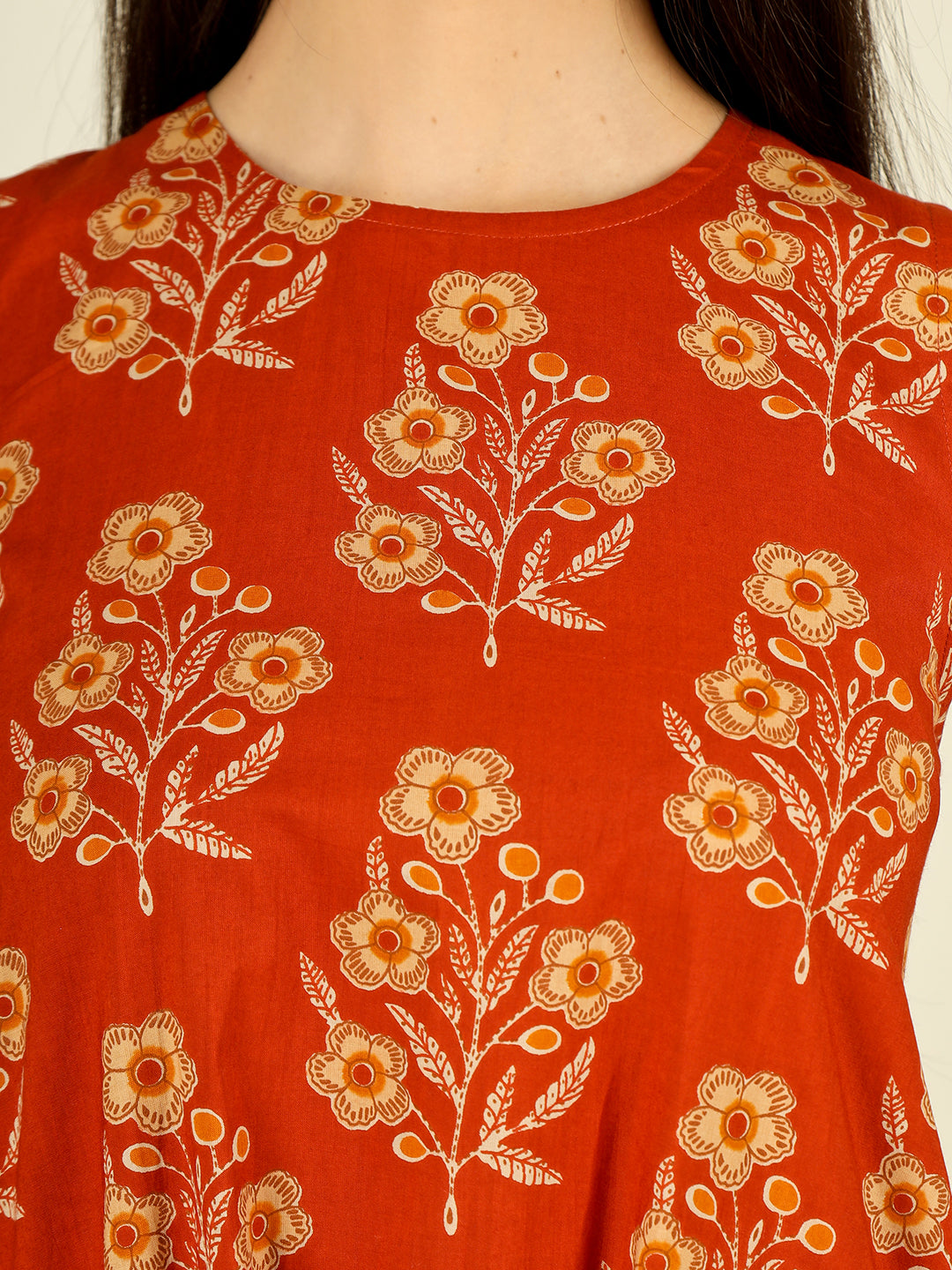 Orange Printed Sleeveless A-Line Cotton Dress