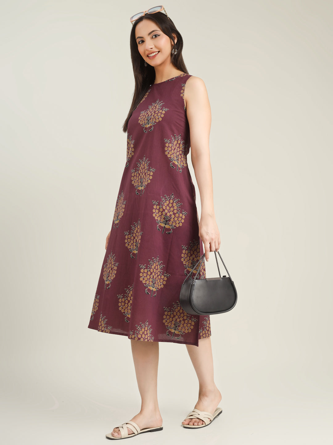 Purple Printed Sleeveless A-Line Cotton Dress