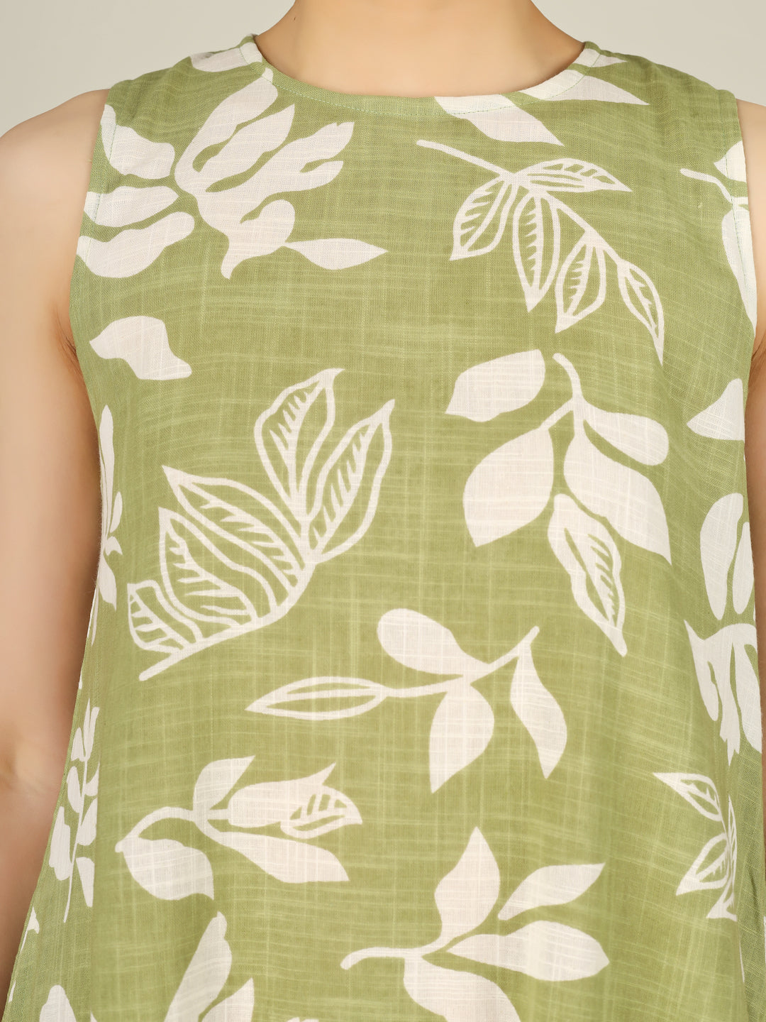 Sage Green Printed Sleeveless A-Line Cotton Dress