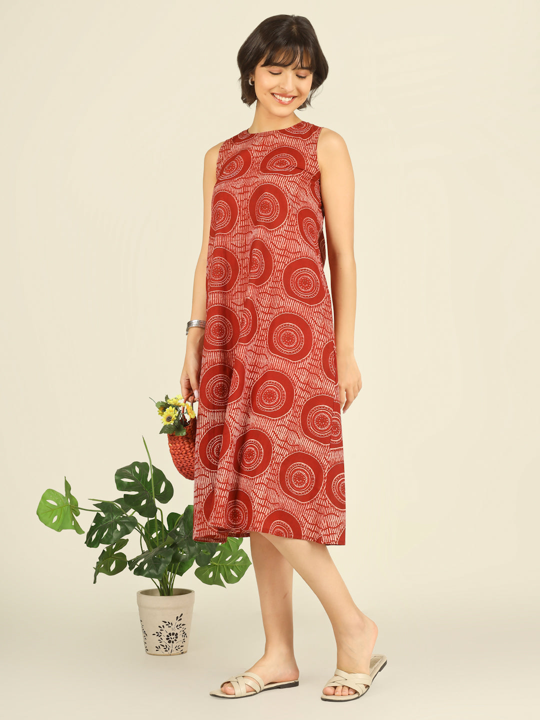 Red Printed Sleeveless A-Line Cotton Dress