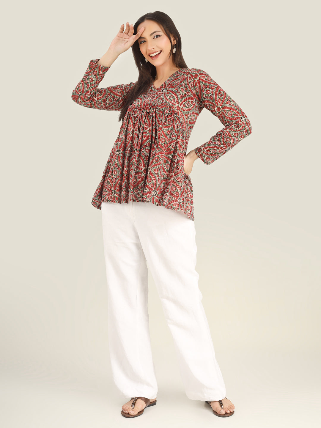 Maroon Printed Full-Sleeves Alia-Cut Cotton Top