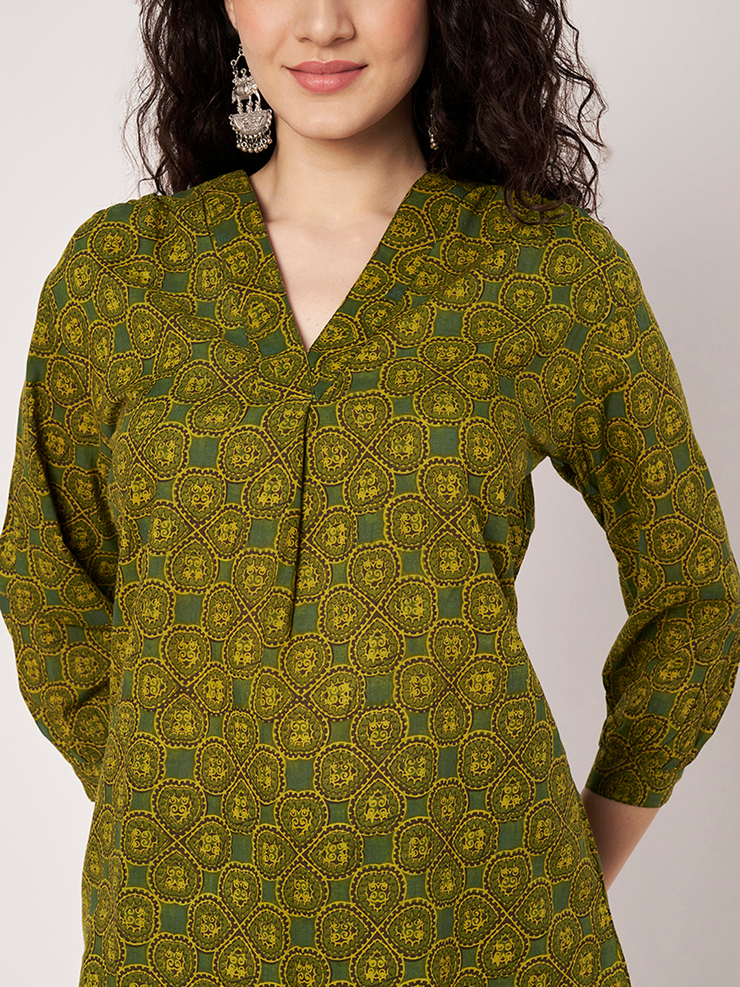 Green Printed V-Neck Cotton Top