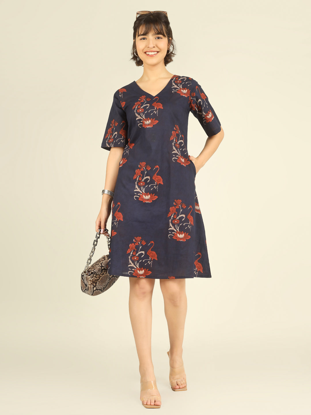 Navy Blue Printed Half-Sleeve A-Line Short Cotton Dress