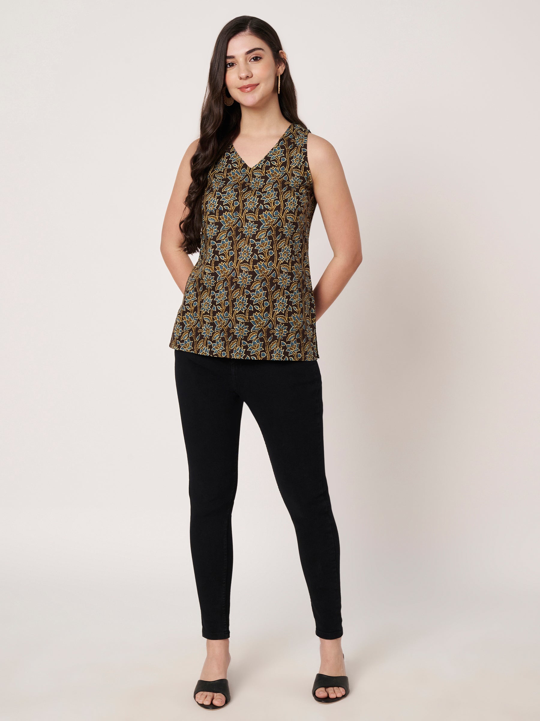Brown Printed Sleeveless V-Neck Cotton Top
