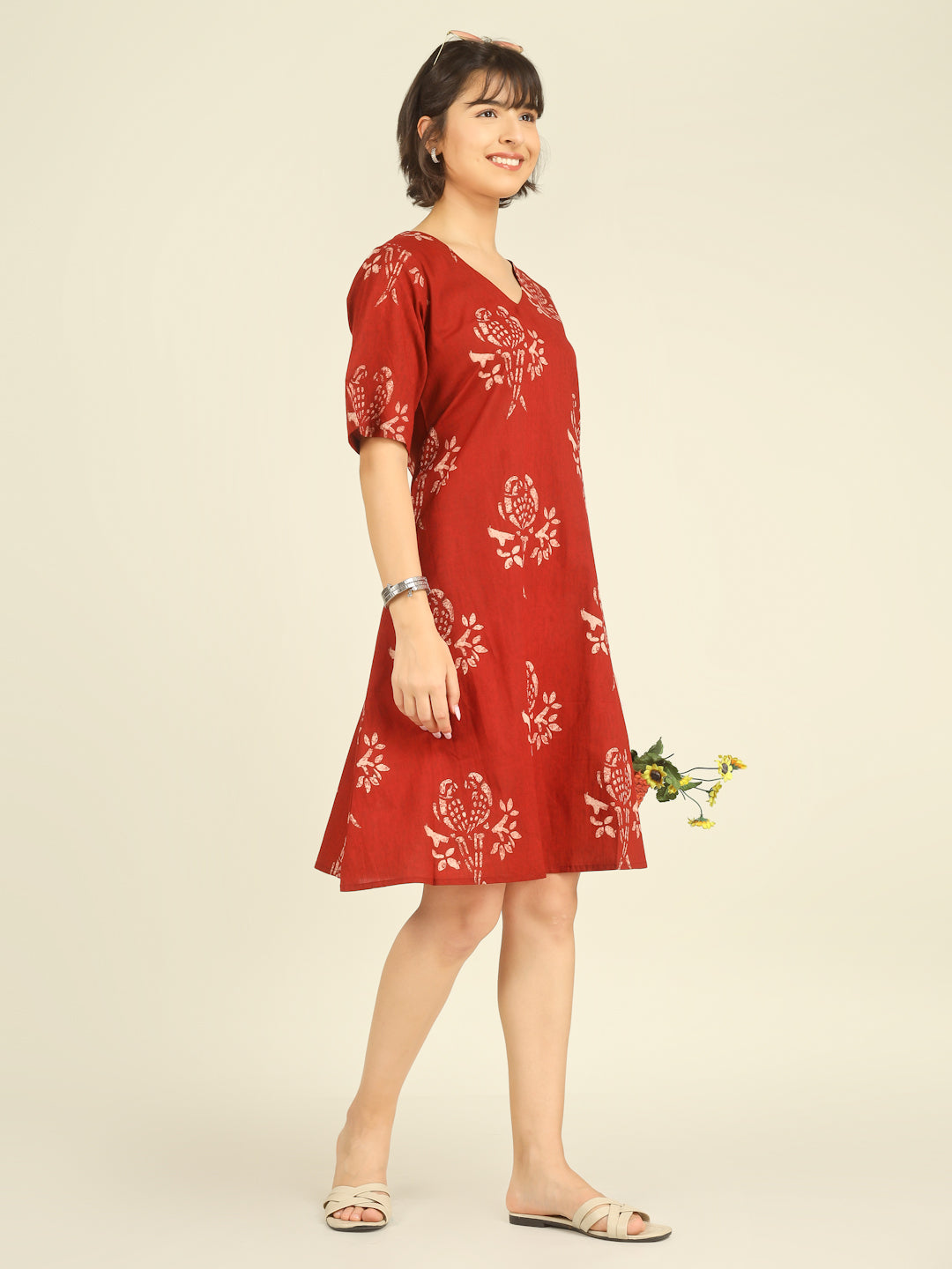 Red Printed Half-Sleeve A-Line Short Cotton Dress