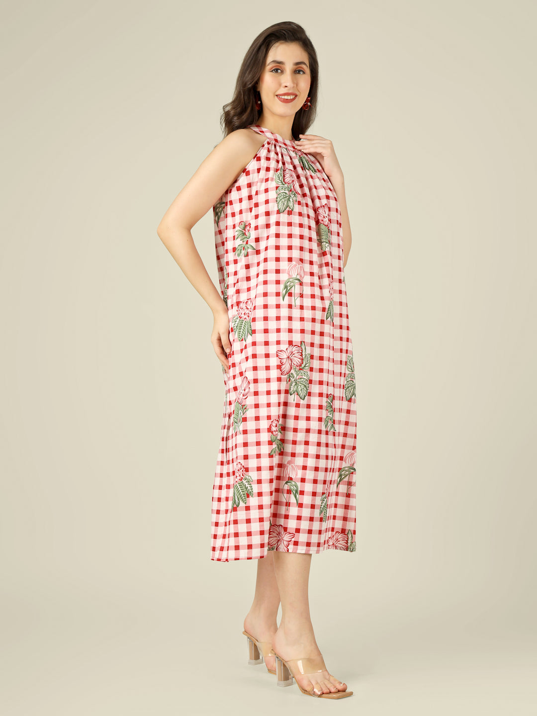 White Checked Halter Neck Long Sleeveless Cotton Dress