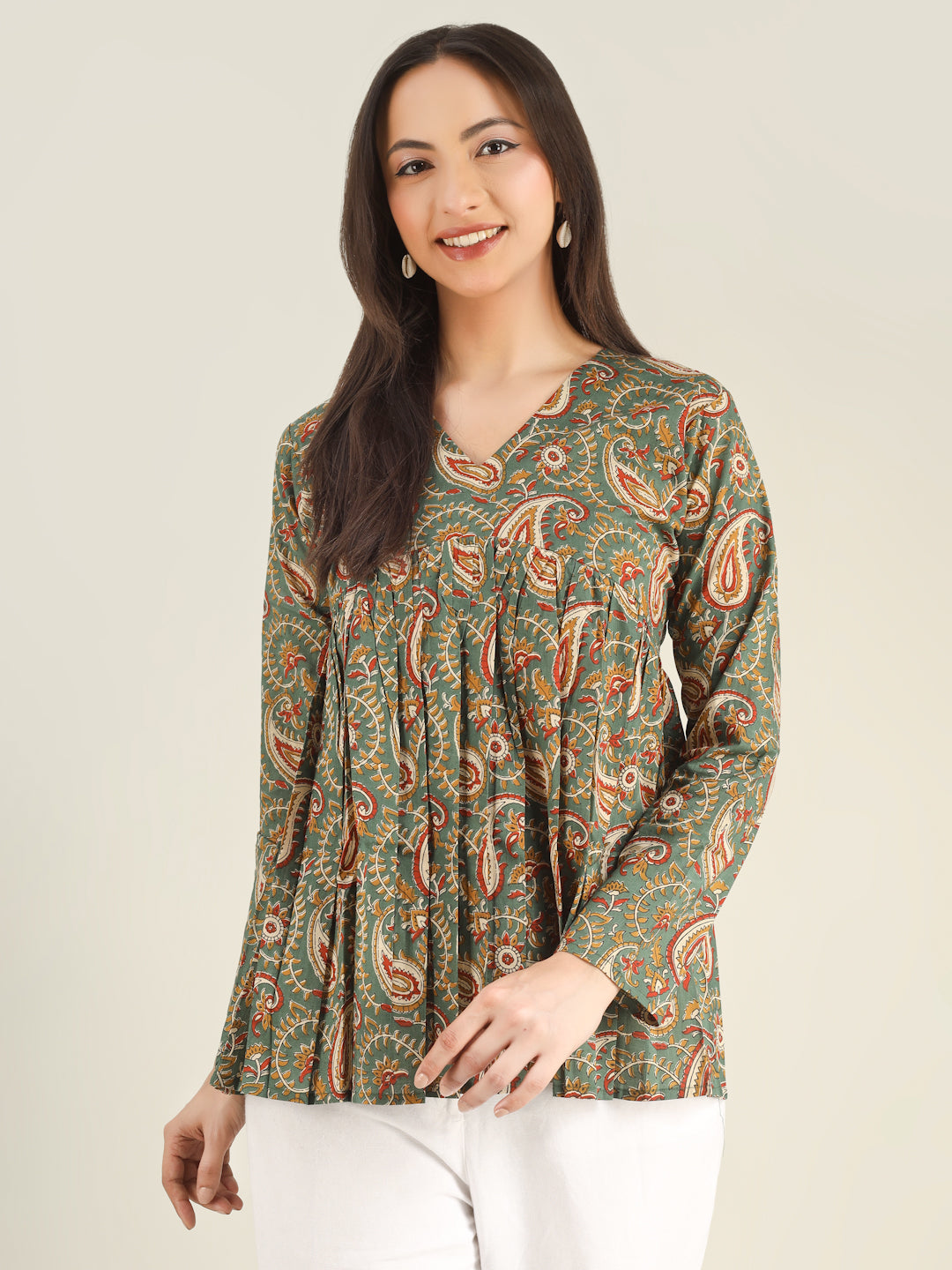 Green Printed Full-Sleeves Alia-Cut Cotton Top
