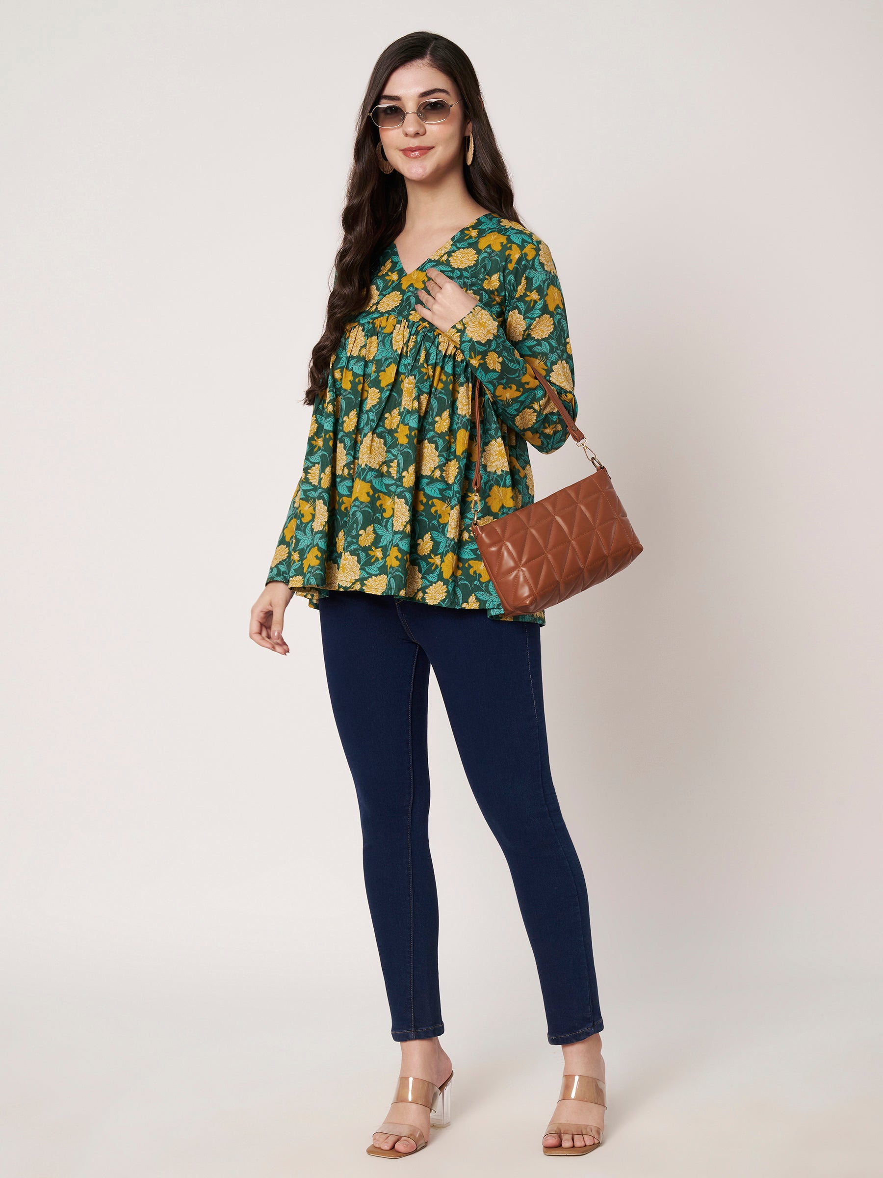 Green Printed Alia-Cut Cotton Top