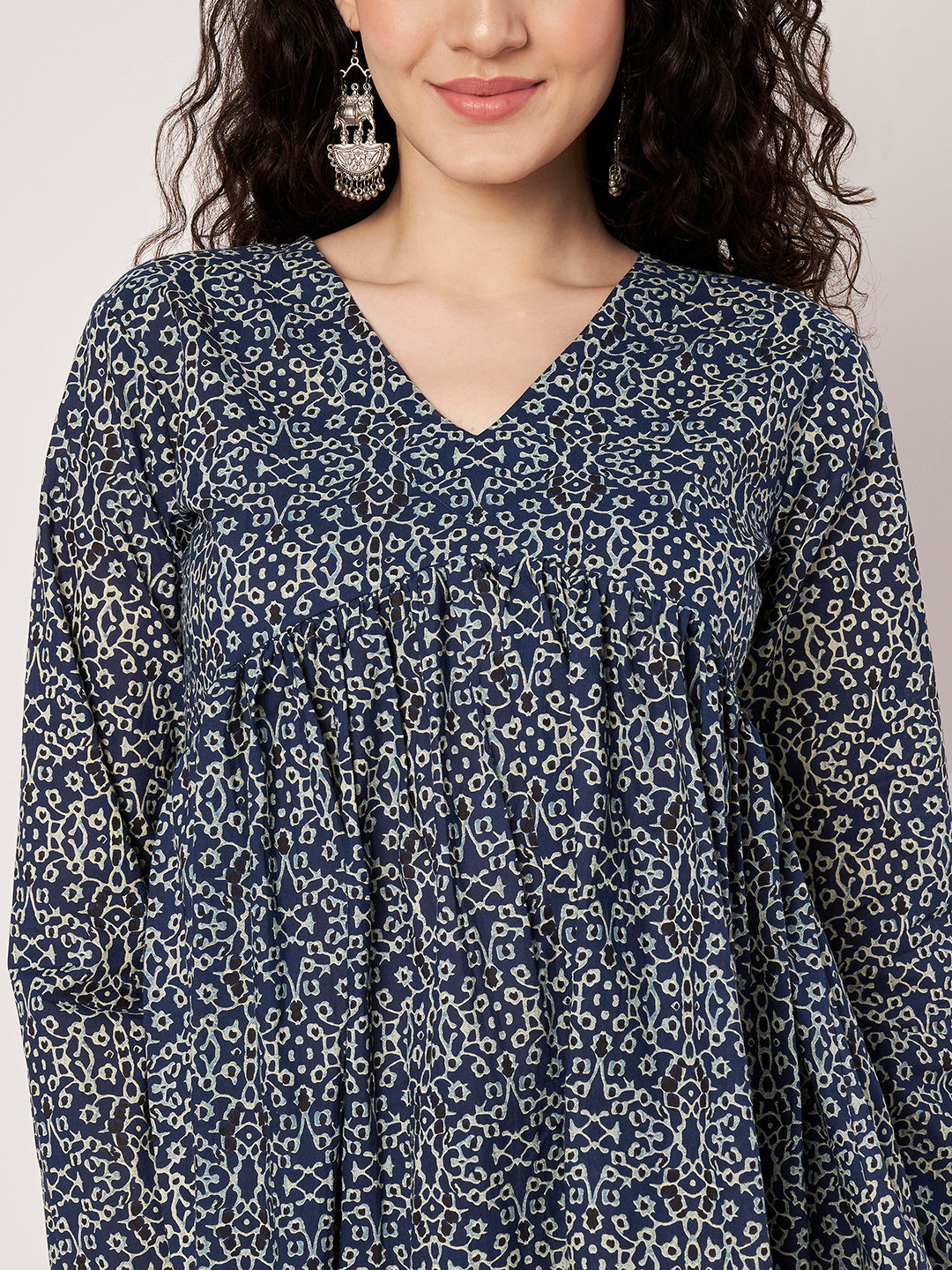 Dark Blue Printed Alia-Cut Cotton Top