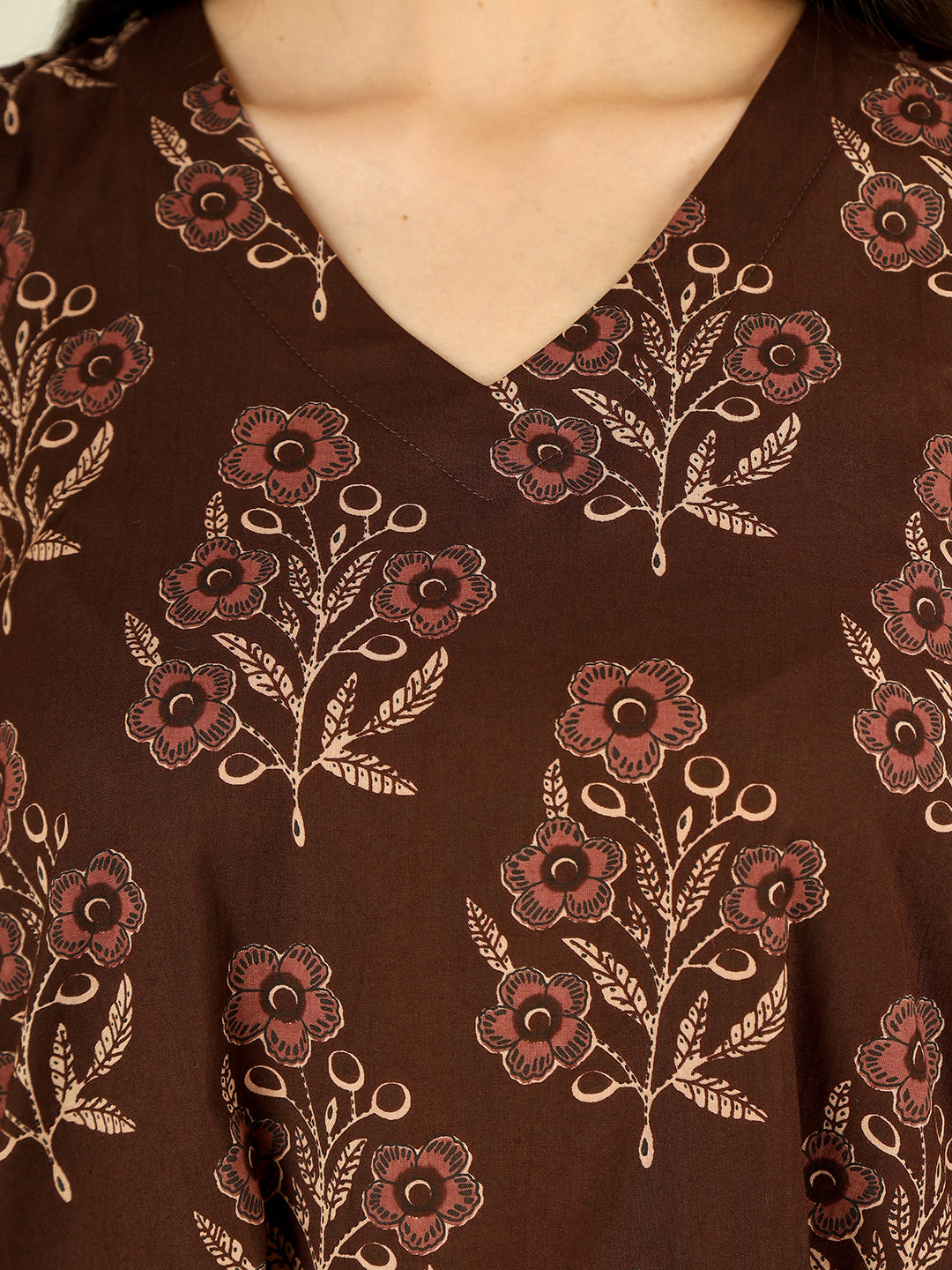 Brown Printed V-Neck Sleeveless A-Line Cotton Dress