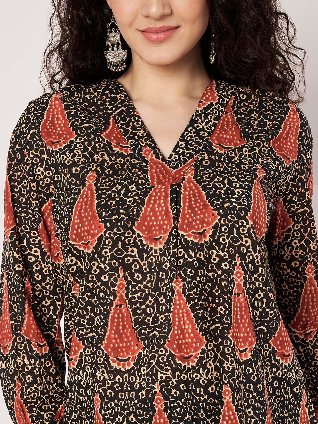 Black Printed V-Neck Cotton Top
