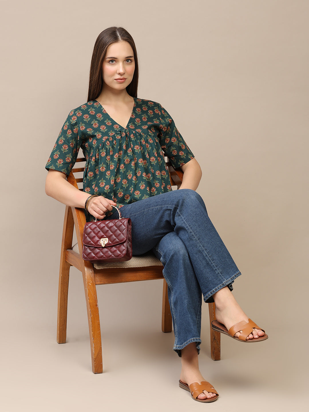 Dark Green Printed Half-Sleeve Alia-Cut Cotton Top