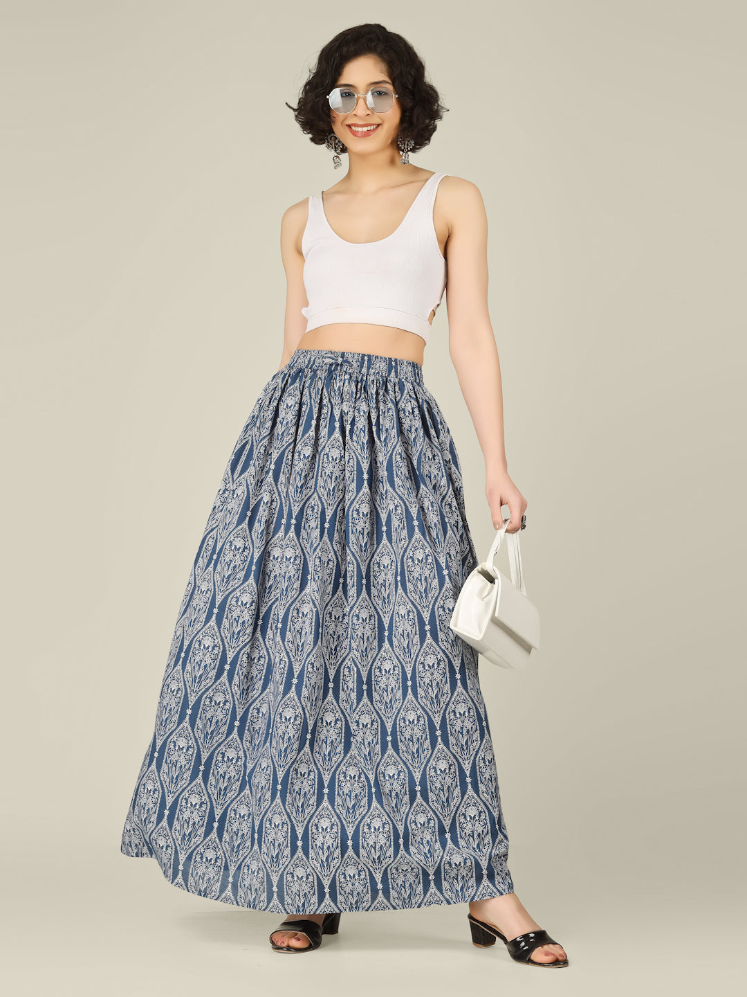 Blue Printed Cotton Maxi Skirt