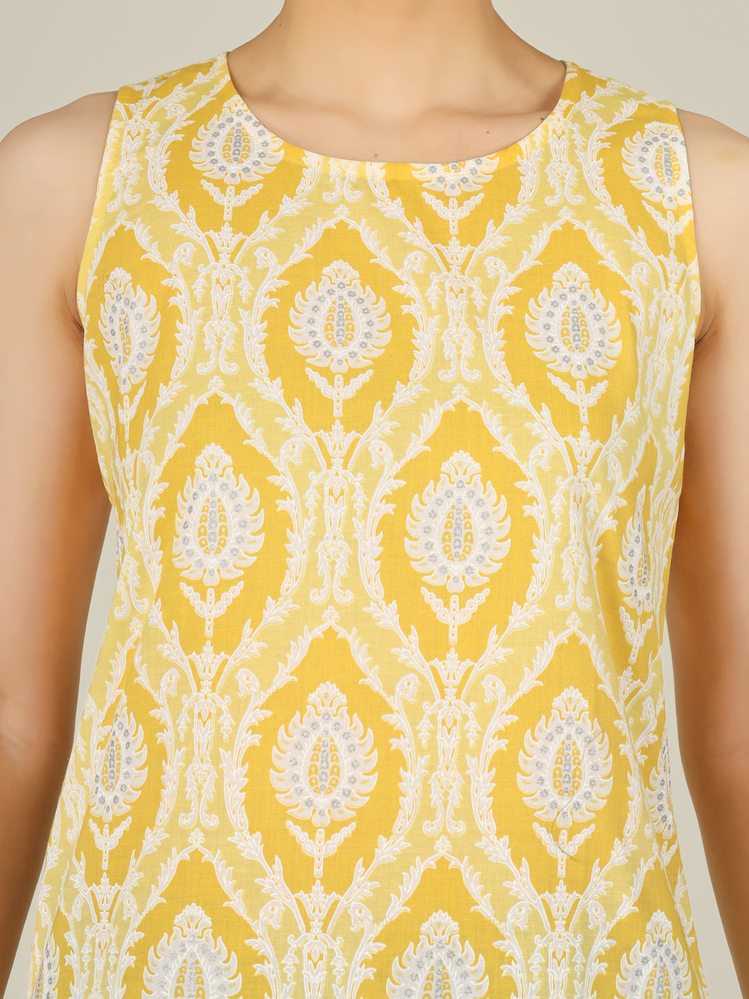Yellow Printed Round Neck Sleeveless Cotton Top