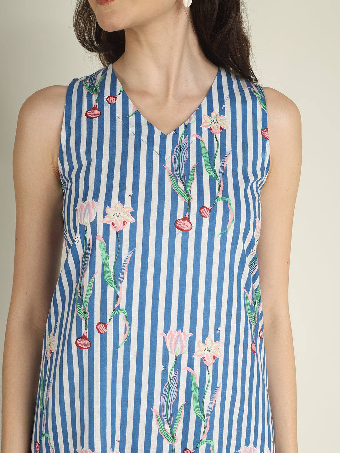 Sky Blue Striped Sleeveless V-Neck A-Line Cotton Dress