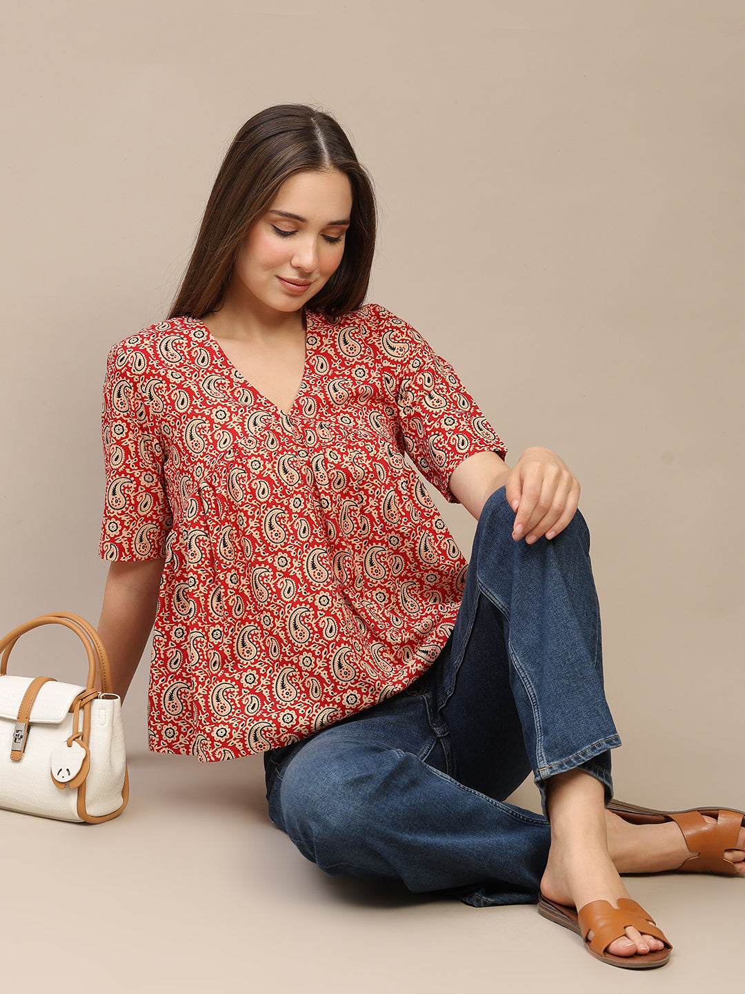 Red Printed Half-Sleeve Peplum Top