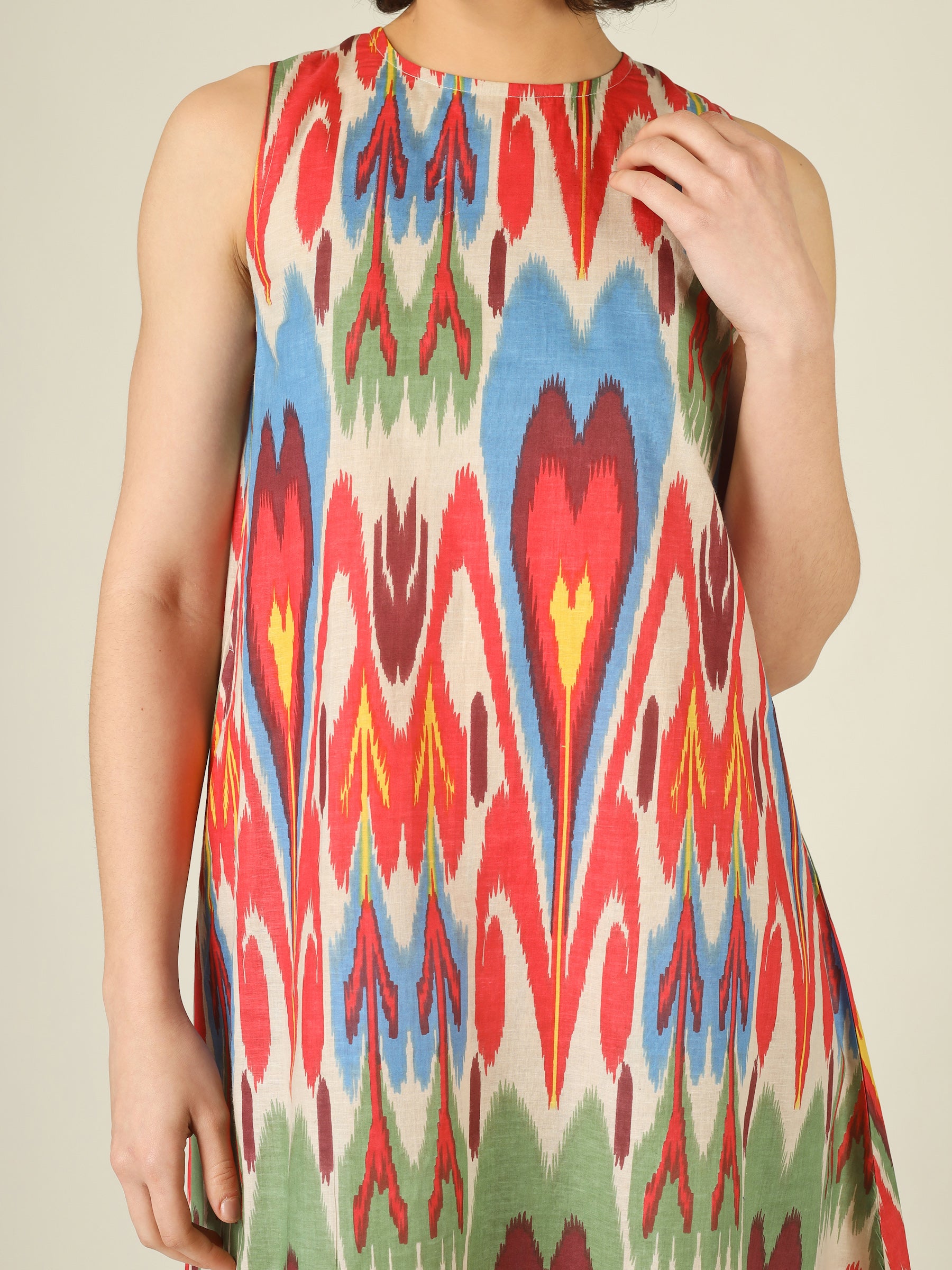 Off-White Ikkat Print Sleeveless A-Line Cotton Dress