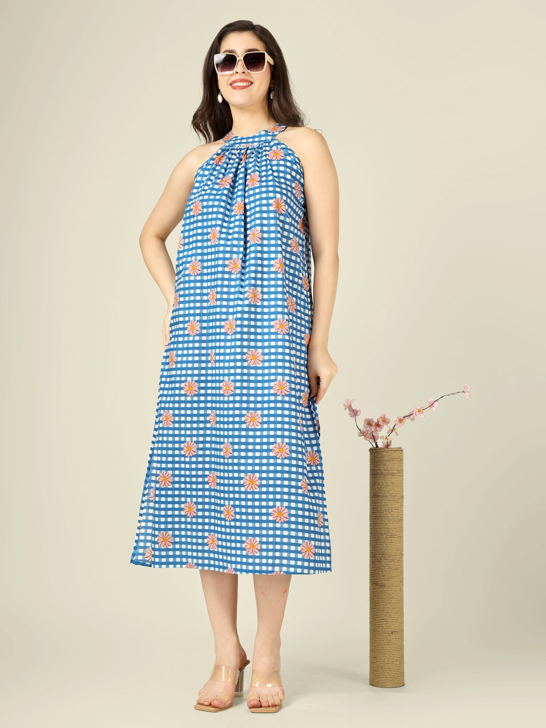 Blue Checked Halter Neck Long Sleeveless Cotton Dress