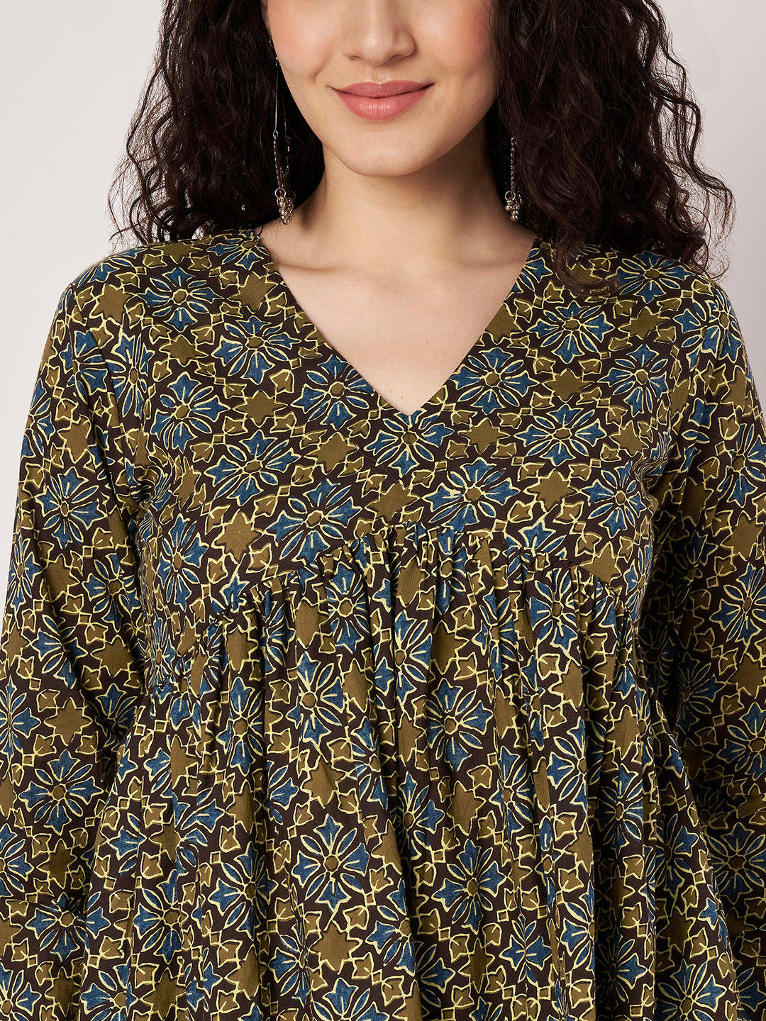 Brown Printed Alia-Cut Cotton Top