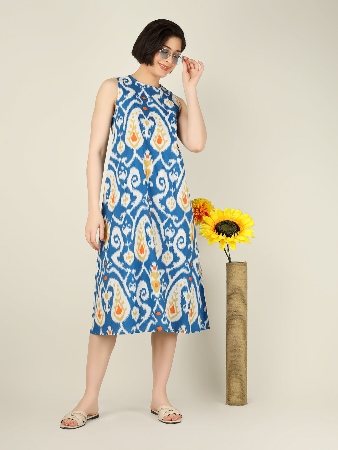 Blue Printed Sleeveless A-Line Cotton Dress