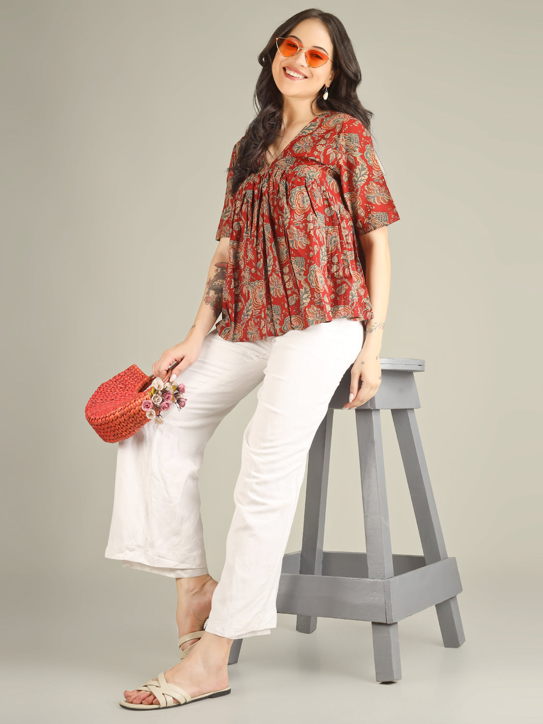 Maroon Printed Half-Sleeve Alia-Cut Cotton Top