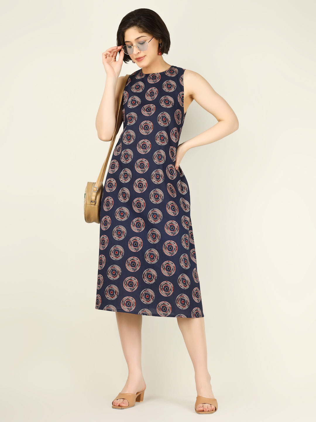Navy Blue Printed Sleeveless A-Line Cotton Dress