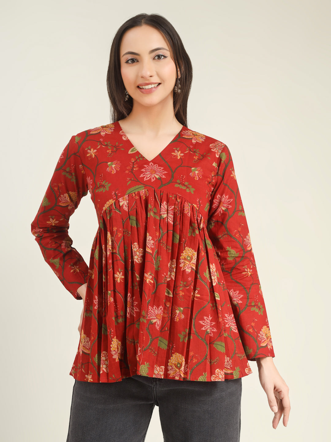 Red Printed Full-Sleeves Alia-Cut Cotton Top