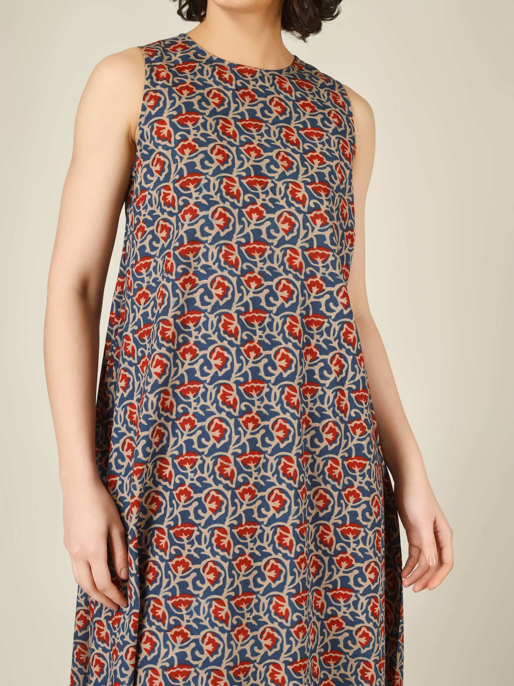 Blue Printed Sleeveless A-Line Cotton Dress