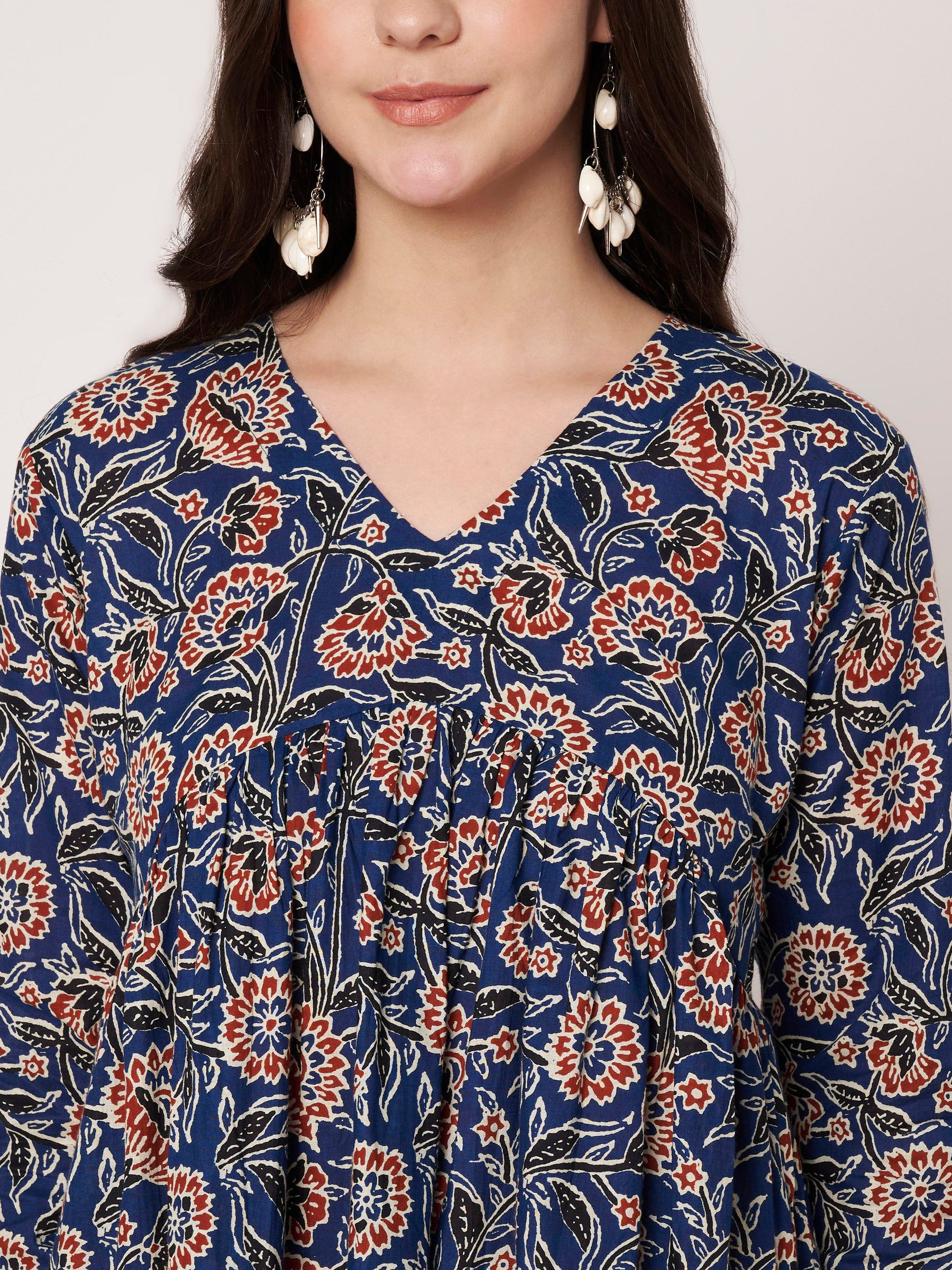 Blue Printed Alia-Cut Cotton Top