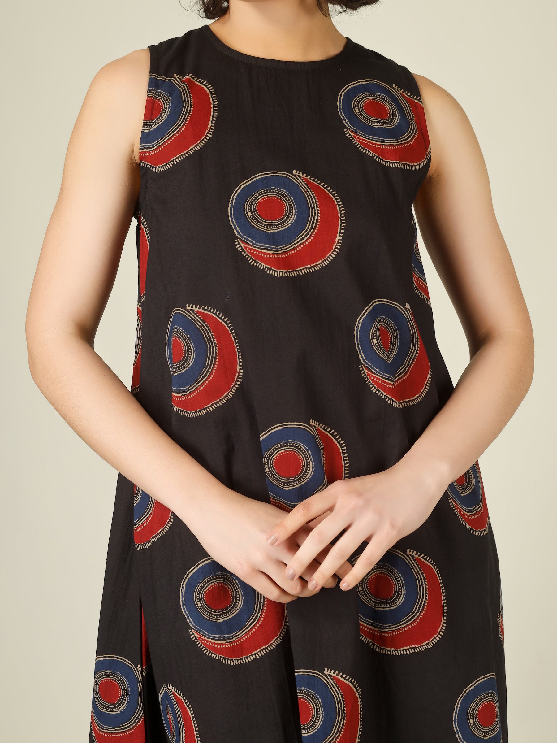 Black Printed Sleeveless A-Line Cotton Dress