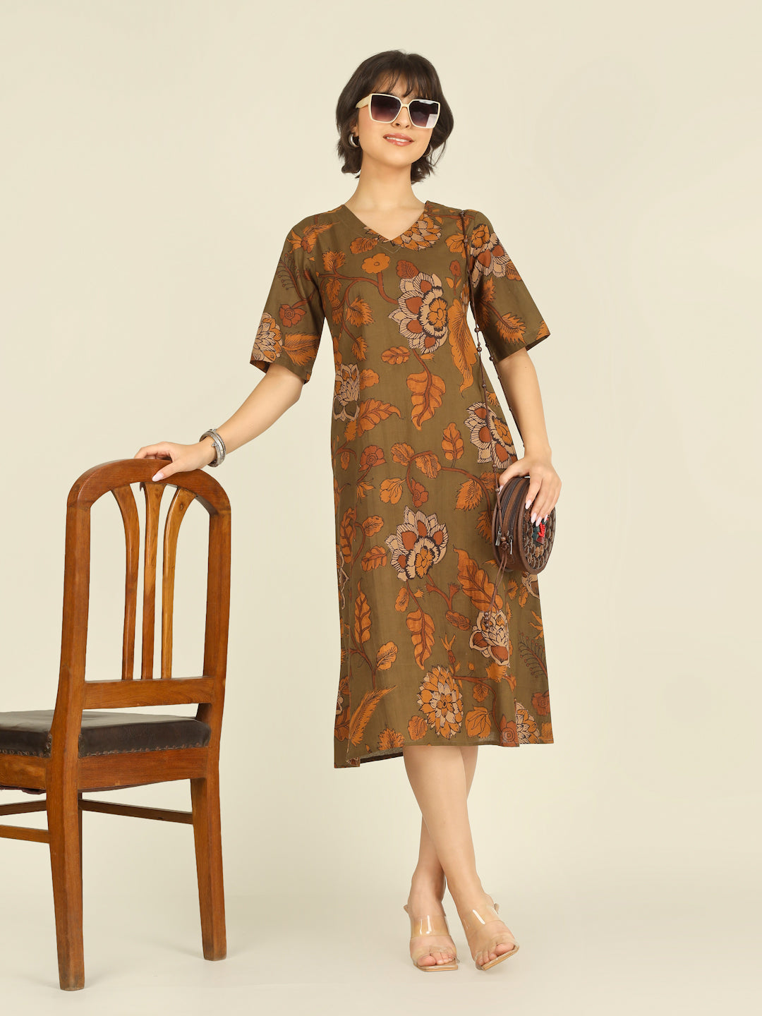 Olive Printed Half-Sleeve A-Line Cotton Dress