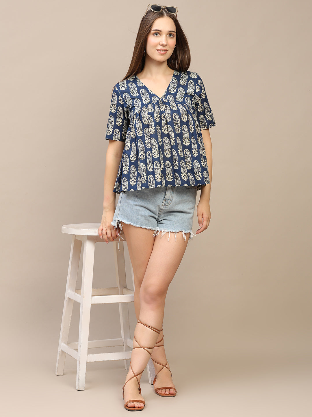 Blue Printed Half-Sleeve Alia-Cut Cotton Top