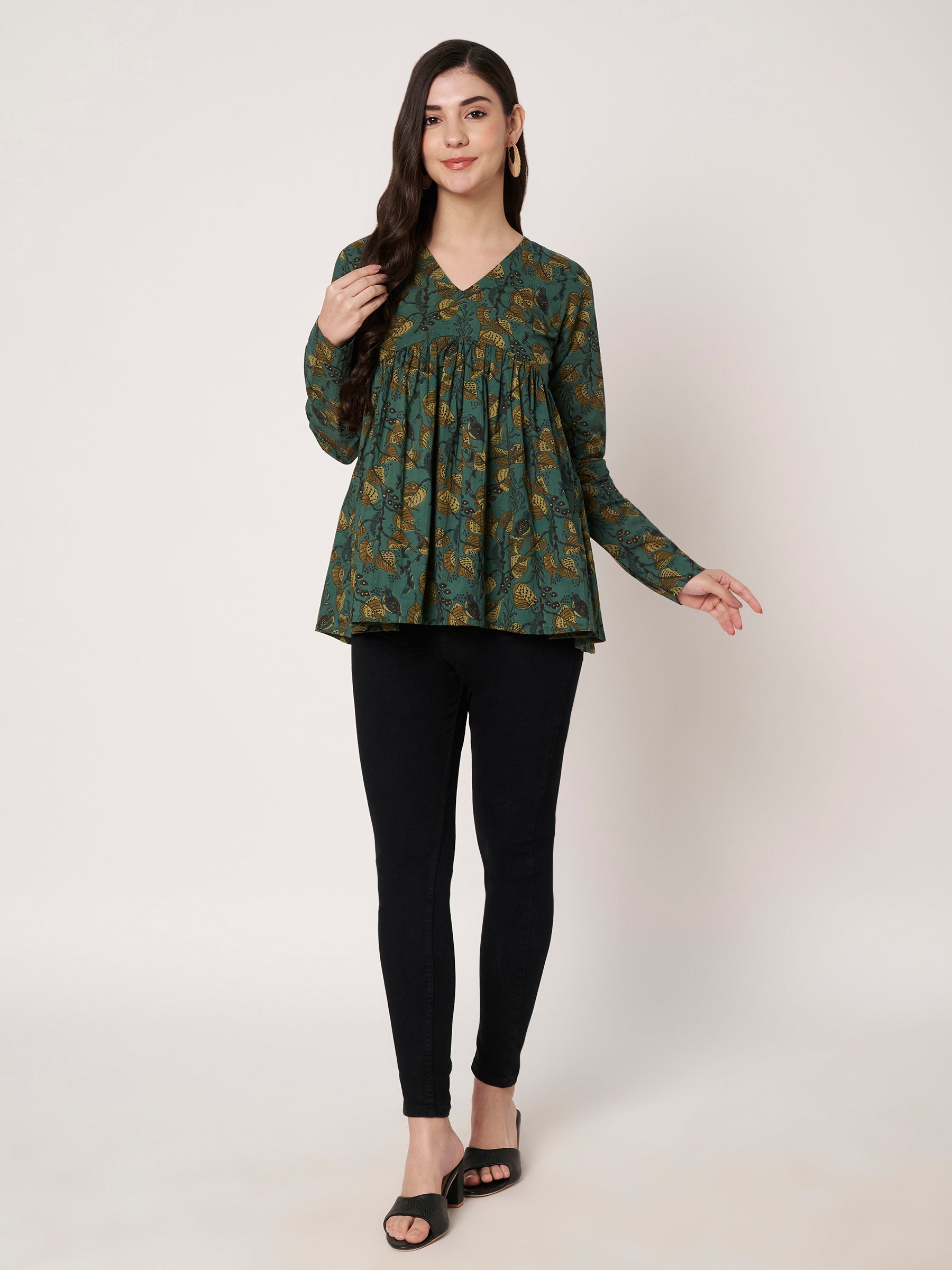 Green Printed Alia-Cut Cotton Top