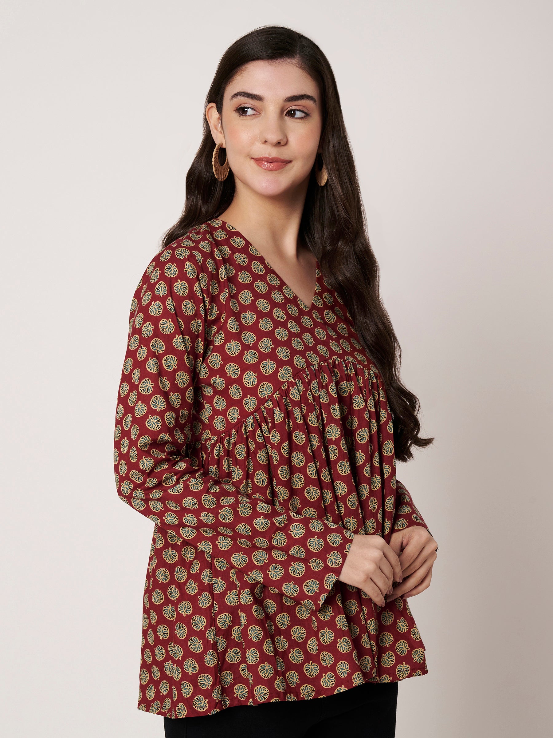 Maroon Printed Alia-Cut Cotton Top