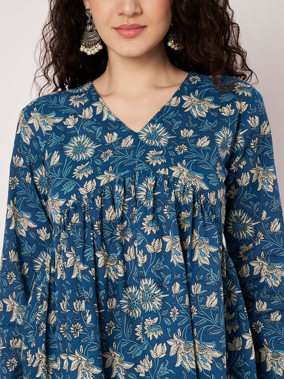 Blue Printed Alia-Cut Cotton Top