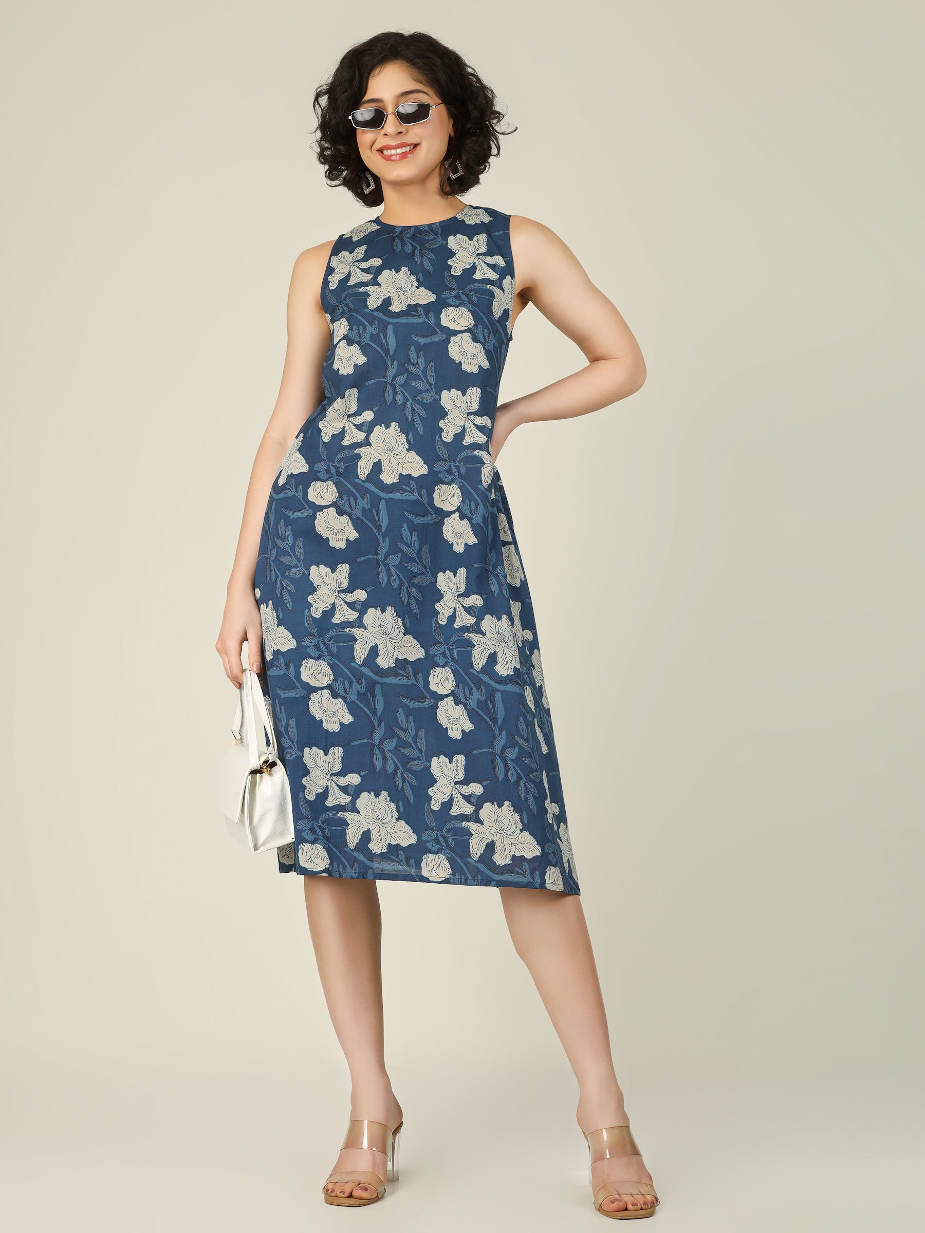 Blue Printed Sleeveless A-Line Cotton Dress