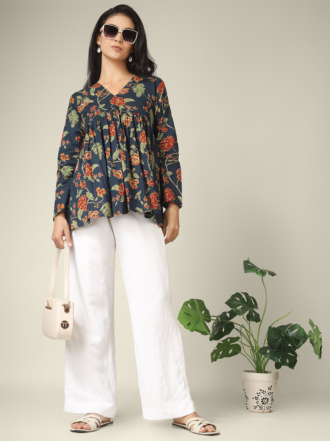 Navy Blue Printed Alia-Cut Cotton Peplum Top