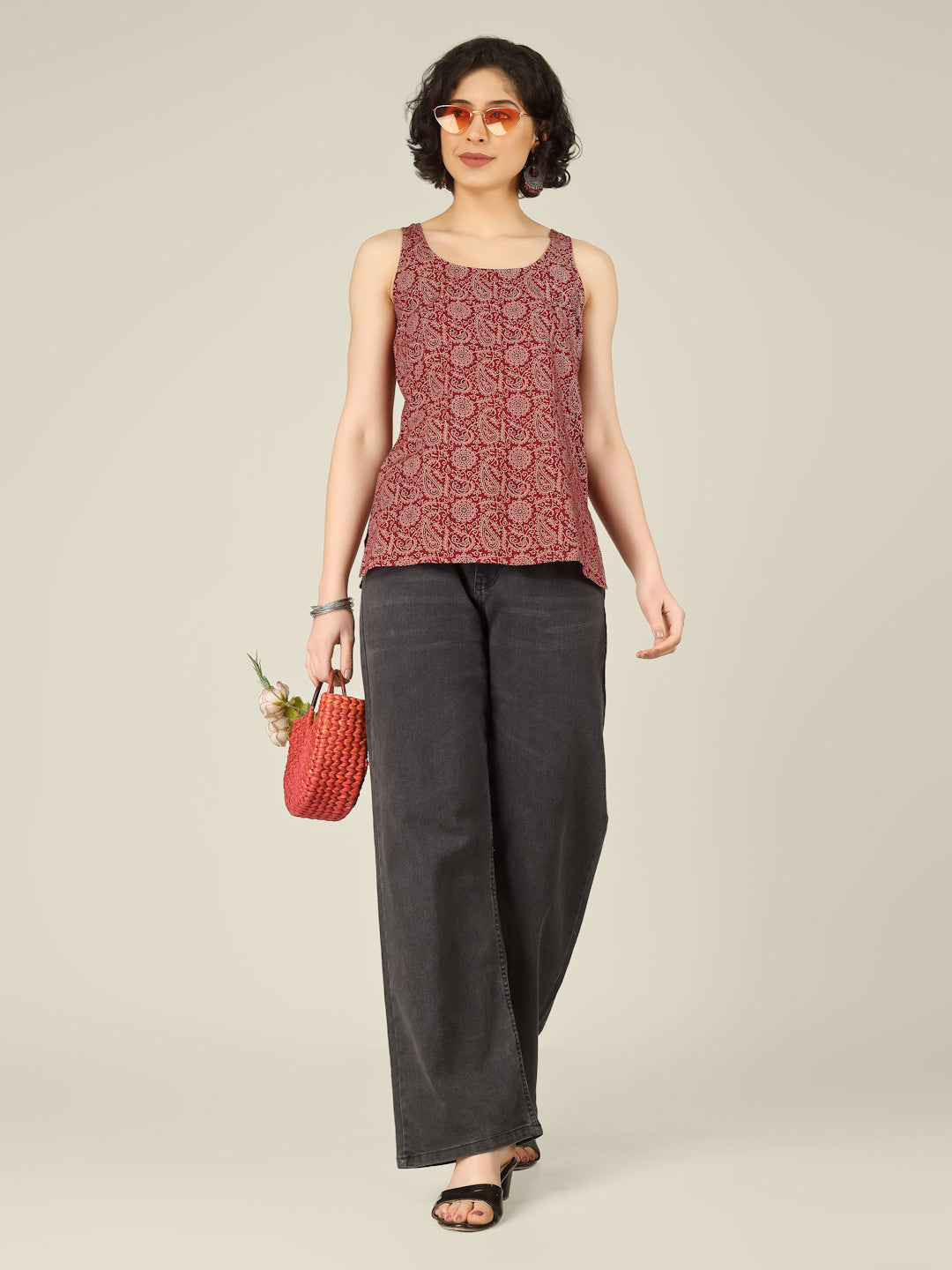 Maroon Printed Round Neck Sleeveless Cotton Top